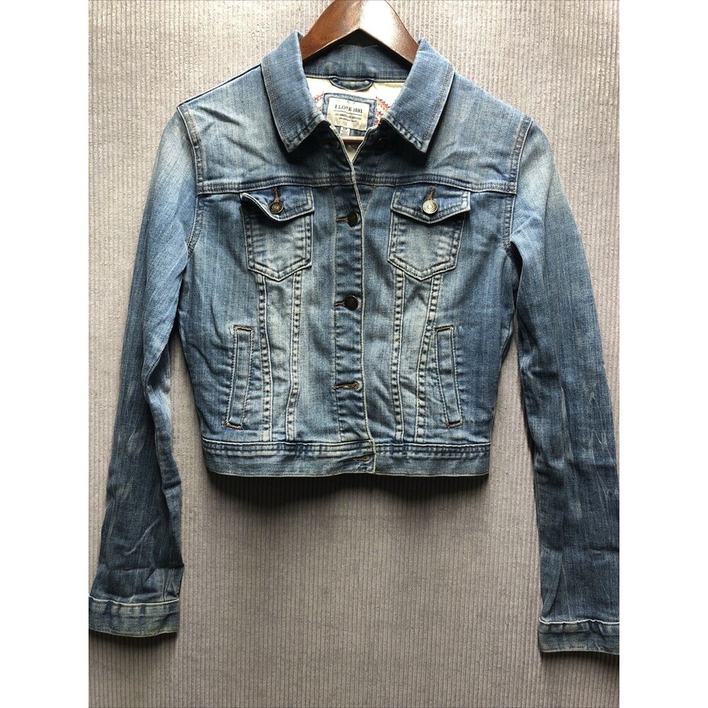 I Love H81 Cropped Denim Jacket Womens Small Distressed Western Moto Y2K Grunge